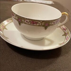 Antique T&V Limoges Floral Teacup and Saucer with Gold Accent